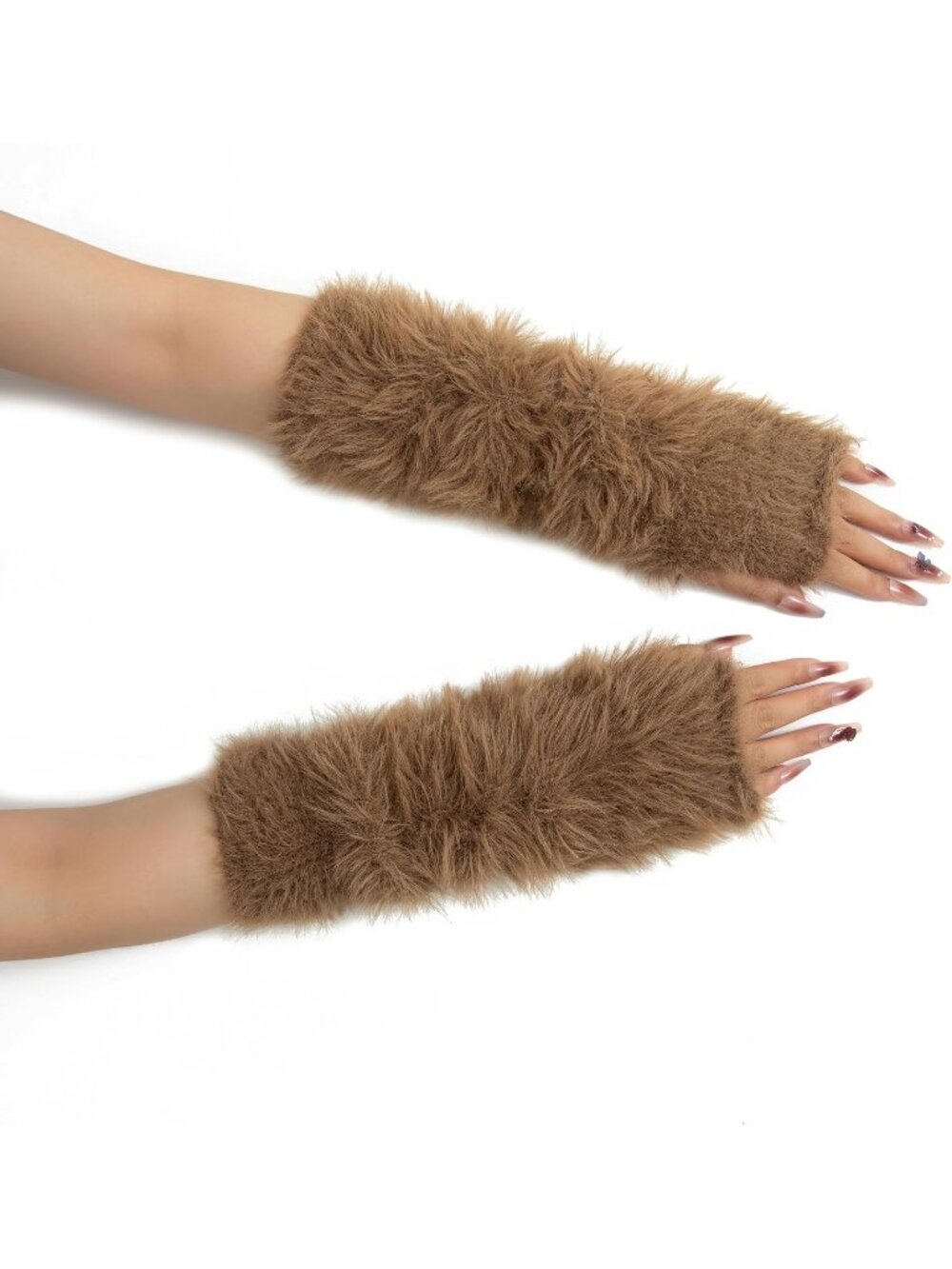 Women's Brown Fuzzy Arm Warmers Furry Fingerless Stretch Arm Sleeves Gloves
